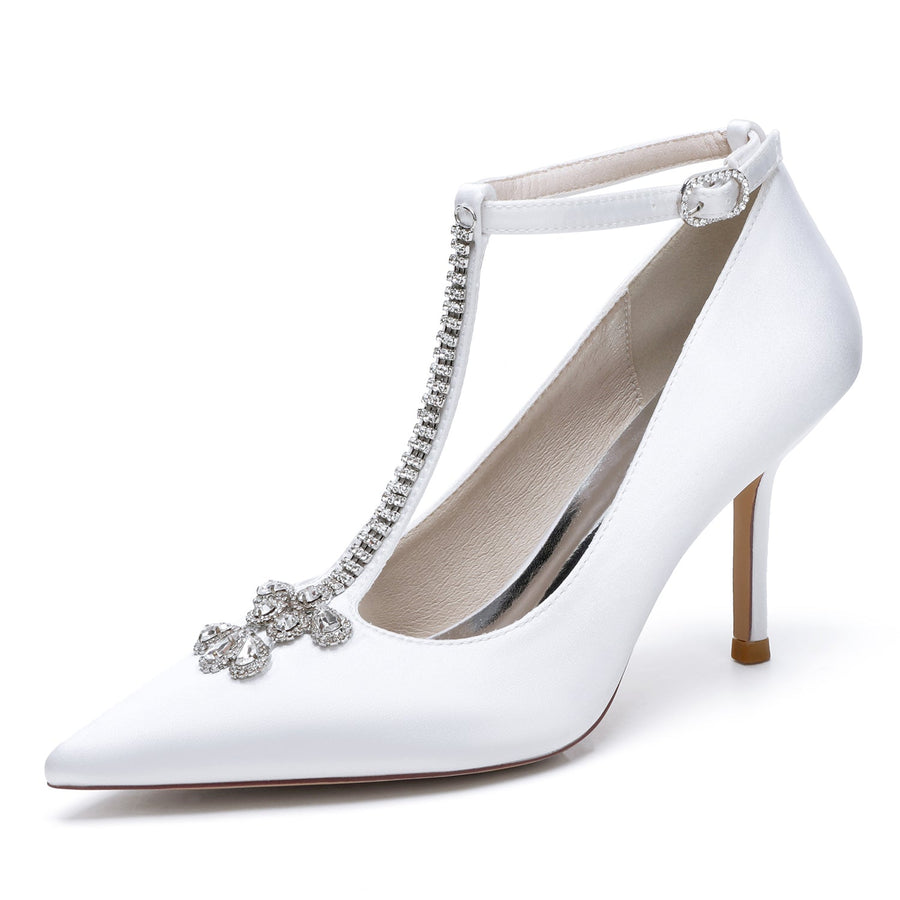 Damen Abendschuhe aus Seidensatin mit Knöchelriemen und Strasssteinen, geschlossene Zehenpartie, Stilettoabsatz