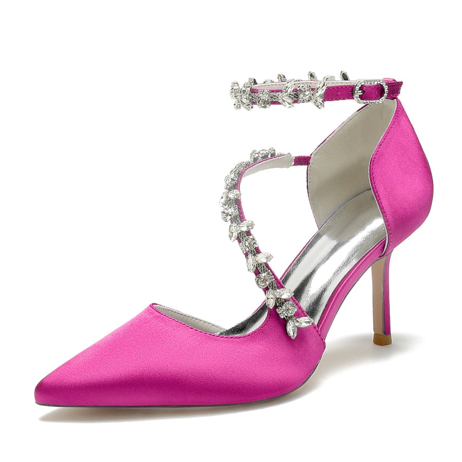 Damen Seidensatin Mit Knöchelriemen Strass Geschlossene Zehen Stiletto Absatz Party Schuhe