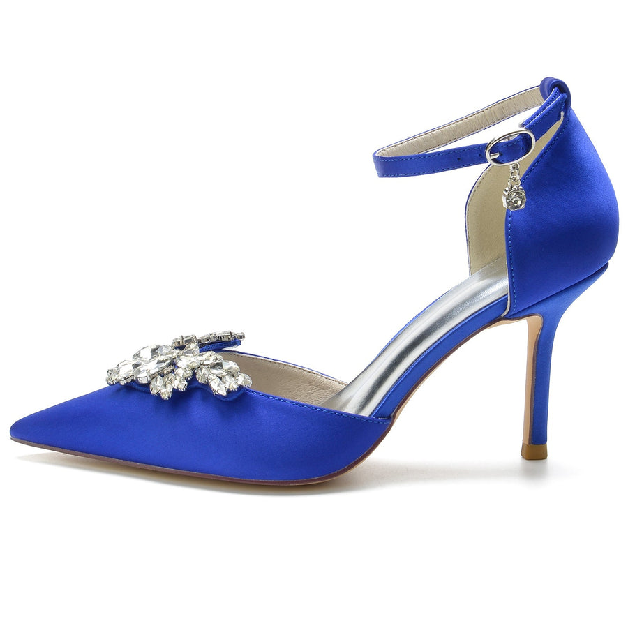 Damen Seidensatin Knöchelriemen Strass Geschlossene Zehen Stiletto Absatz Brautschuhe
