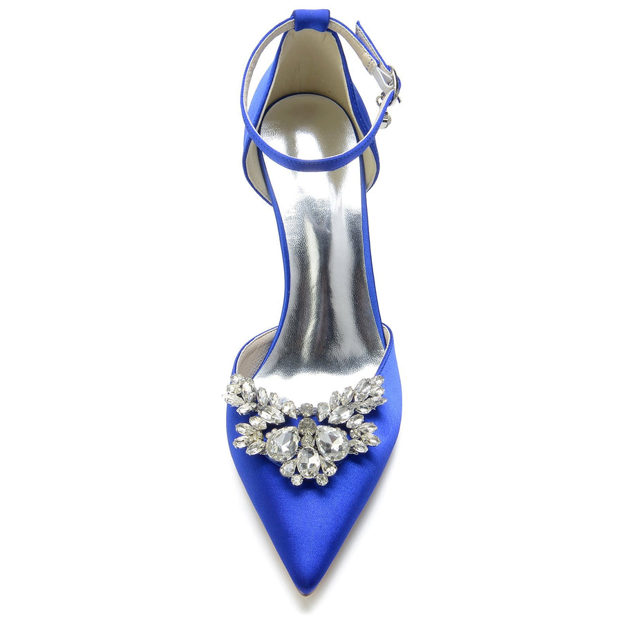 Damen Seidensatin Knöchelriemen Strass Geschlossene Zehen Stiletto Absatz Brautschuhe