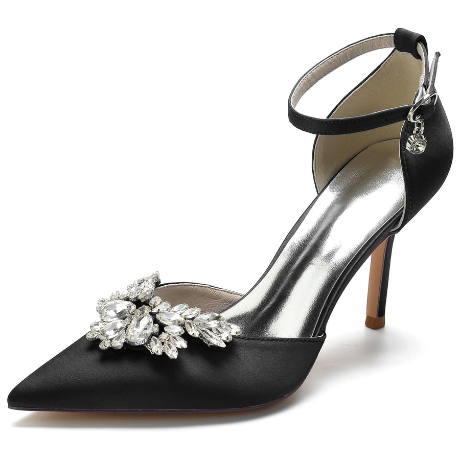 Damen Seidensatin Knöchelriemen Strass Geschlossene Zehen Stiletto Absatz Brautschuhe