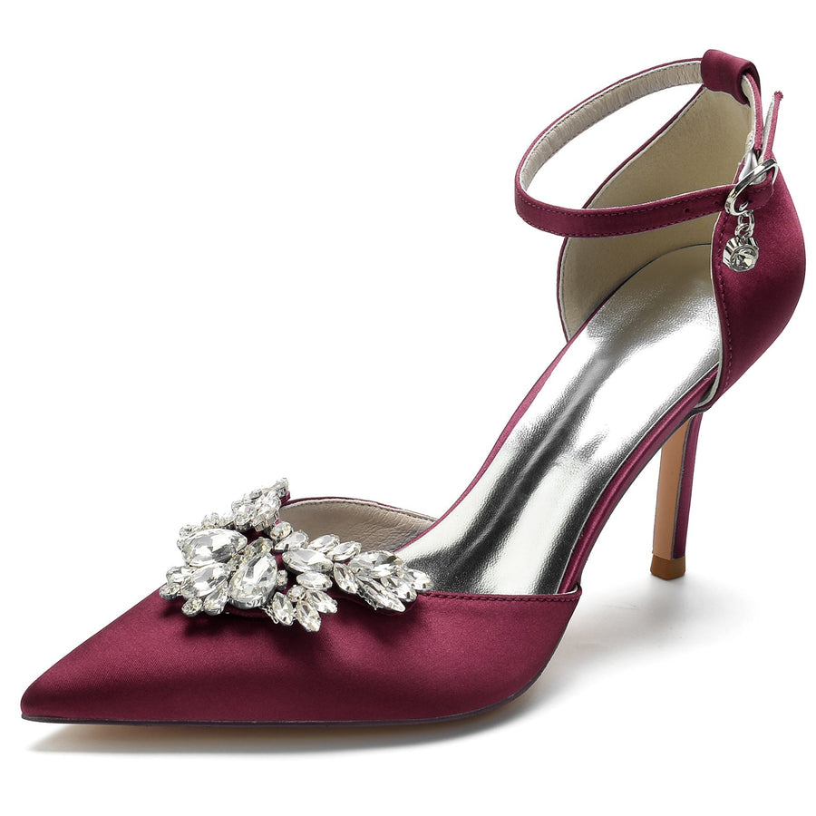 Damen Seidensatin Knöchelriemen Strass Geschlossene Zehen Stiletto Absatz Brautschuhe