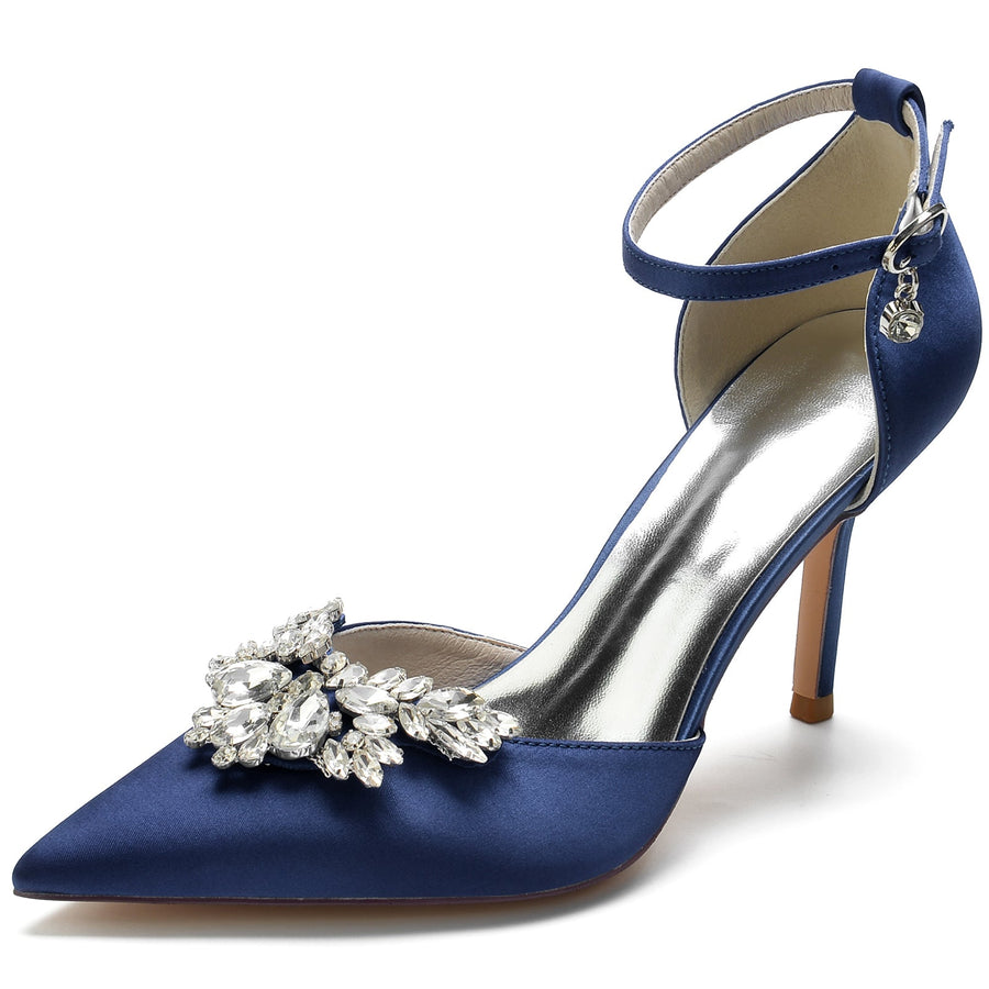 Damen Seidensatin Knöchelriemen Strass Geschlossene Zehen Stiletto Absatz Brautschuhe