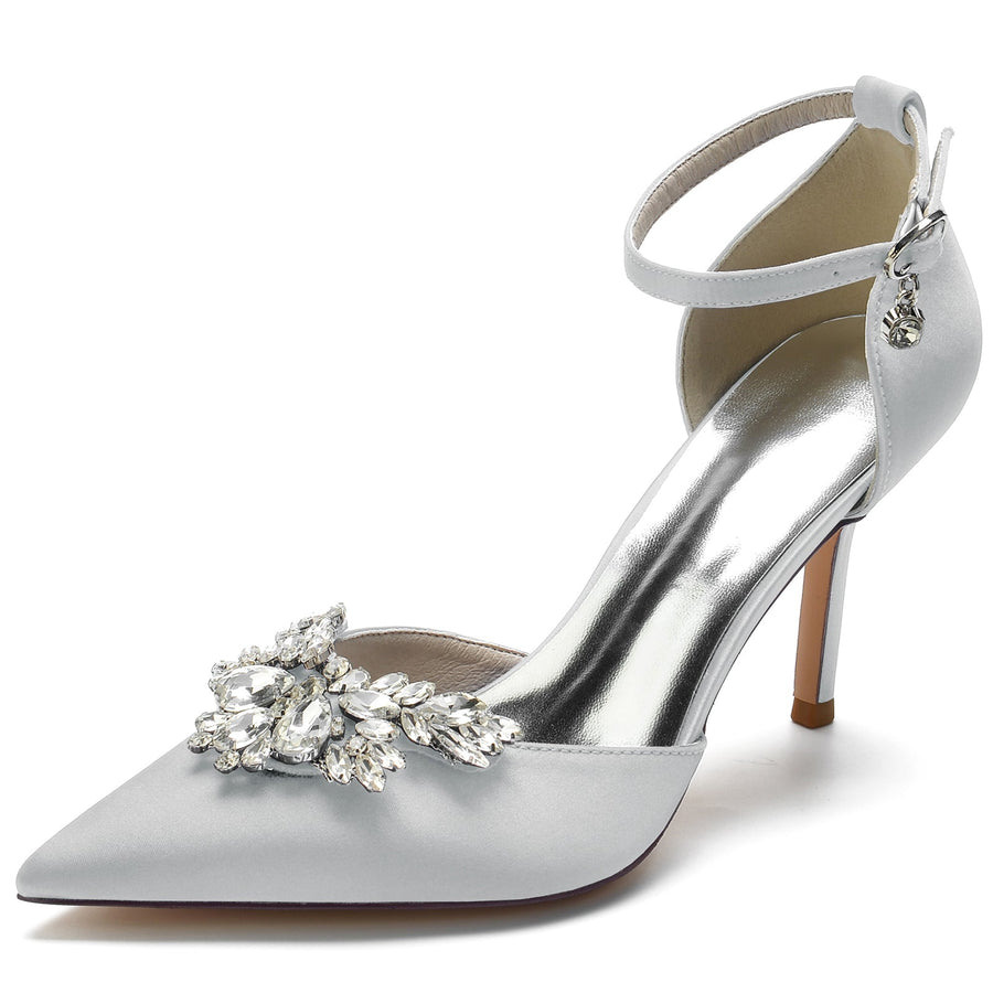 Damen Seidensatin Knöchelriemen Strass Geschlossene Zehen Stiletto Absatz Brautschuhe