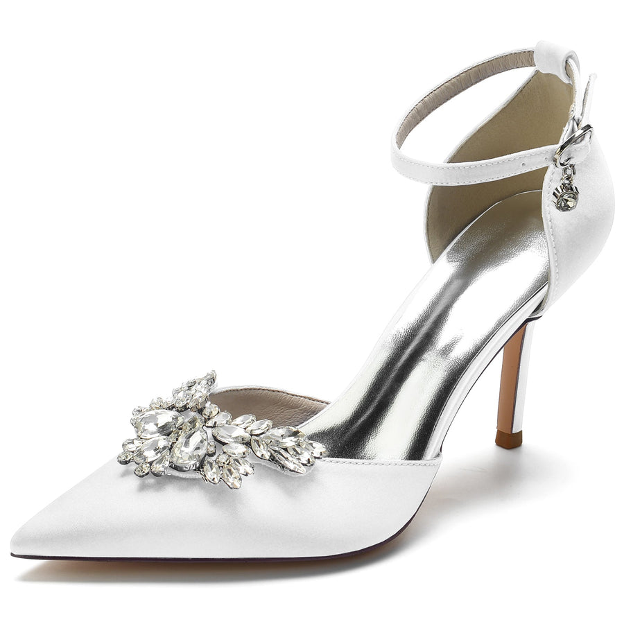 Damen Seidensatin Knöchelriemen Strass Geschlossene Zehen Stiletto Absatz Brautschuhe