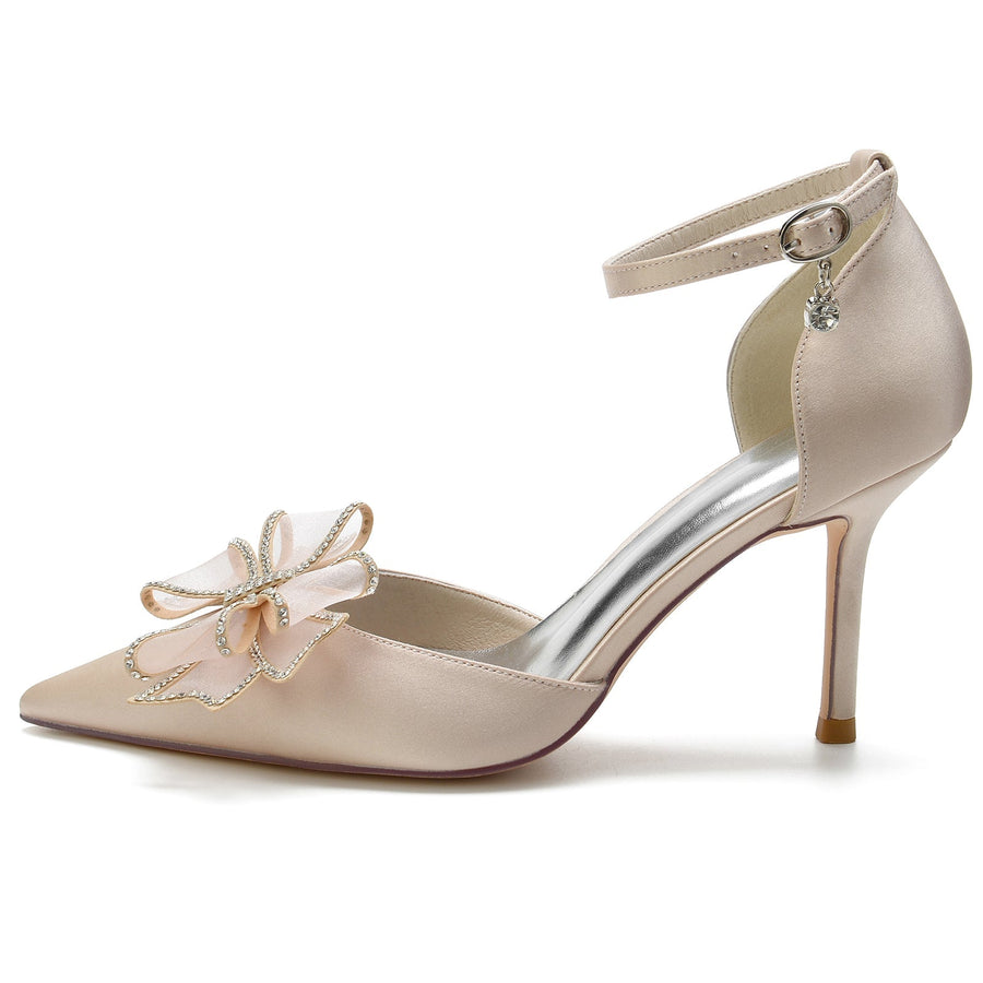 Damen Seidensatin Mit Knöchelriemen Bowknot Geschlossene Zehen Stiletto Absatz Party Schuhe