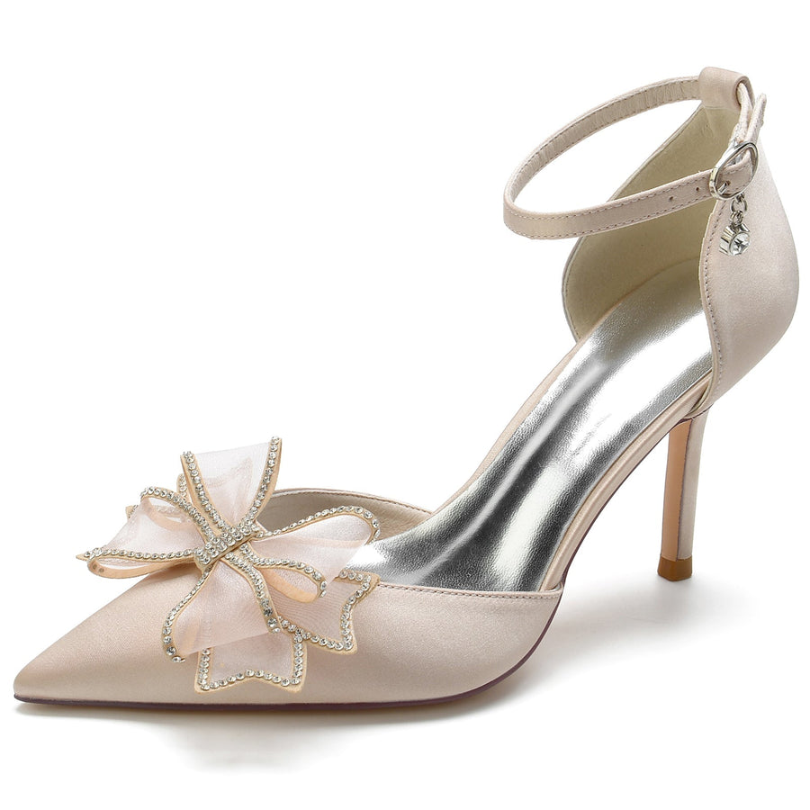 Damen Seidensatin Mit Knöchelriemen Bowknot Geschlossene Zehen Stiletto Absatz Party Schuhe