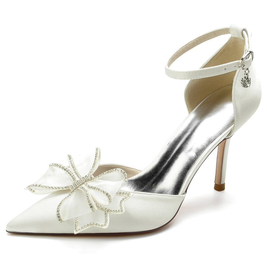 Damen Seidensatin Mit Knöchelriemen Bowknot Geschlossene Zehen Stiletto Absatz Party Schuhe
