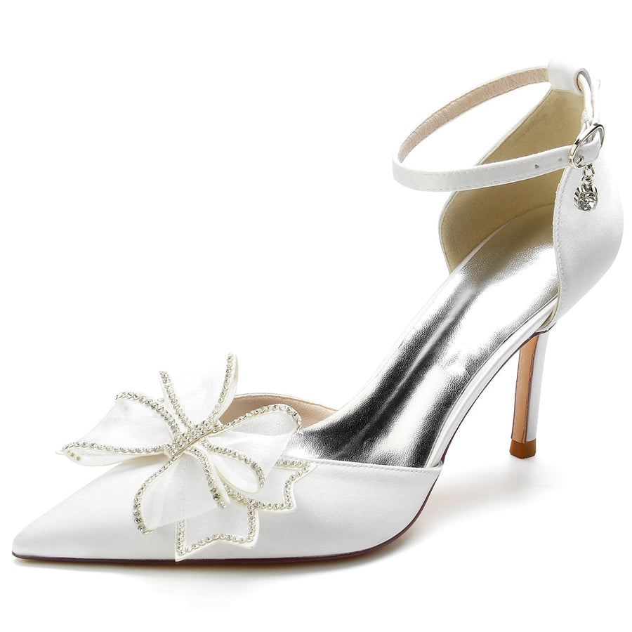 Damen Seidensatin Mit Knöchelriemen Bowknot Geschlossene Zehen Stiletto Absatz Party Schuhe