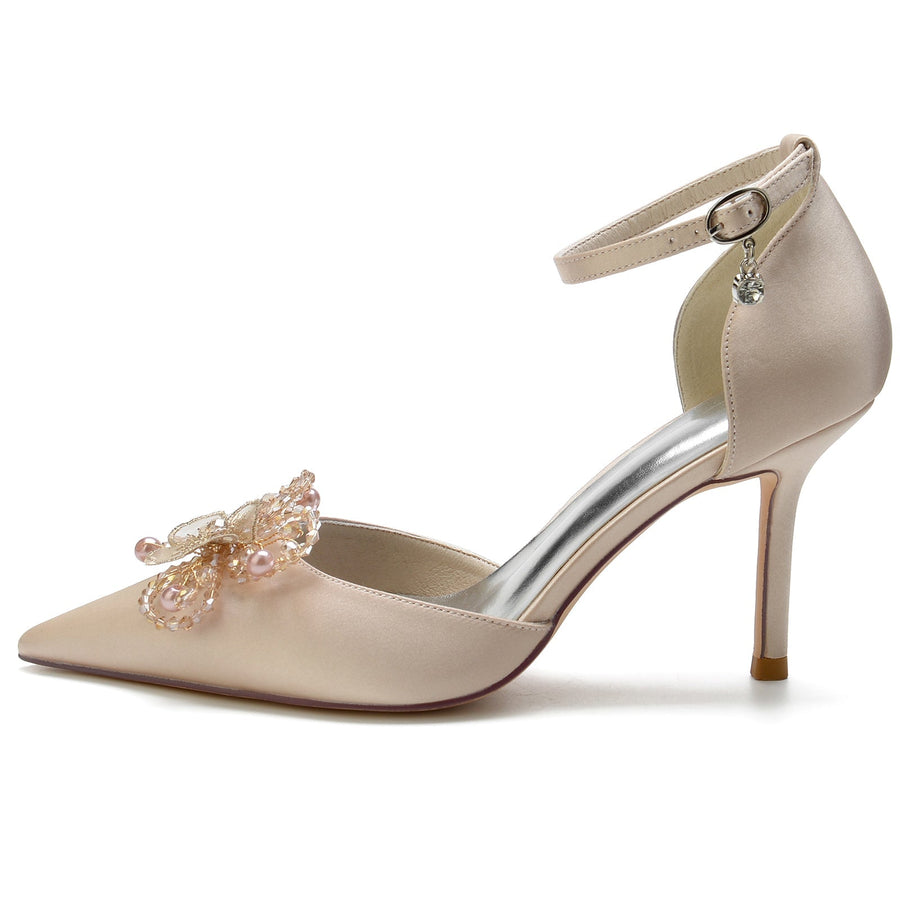 Damen Seidensatin Knöchelriemen Schleife Geschlossene Zehen Stilettoabsatz Hochzeitsschuhe