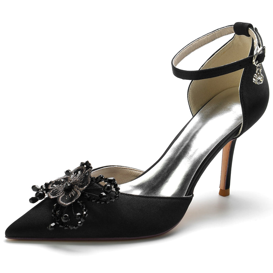 Damen Seidensatin Knöchelriemen Schleife Geschlossene Zehen Stilettoabsatz Hochzeitsschuhe
