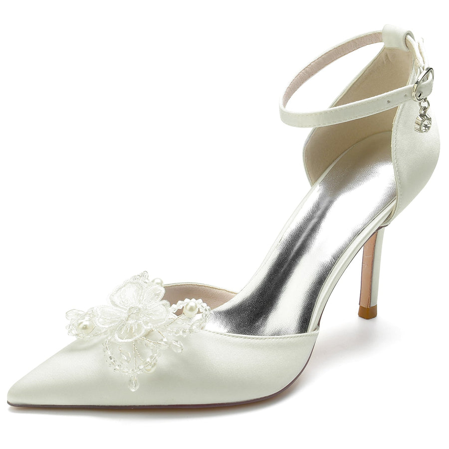 Damen Seidensatin Knöchelriemen Schleife Geschlossene Zehen Stilettoabsatz Hochzeitsschuhe