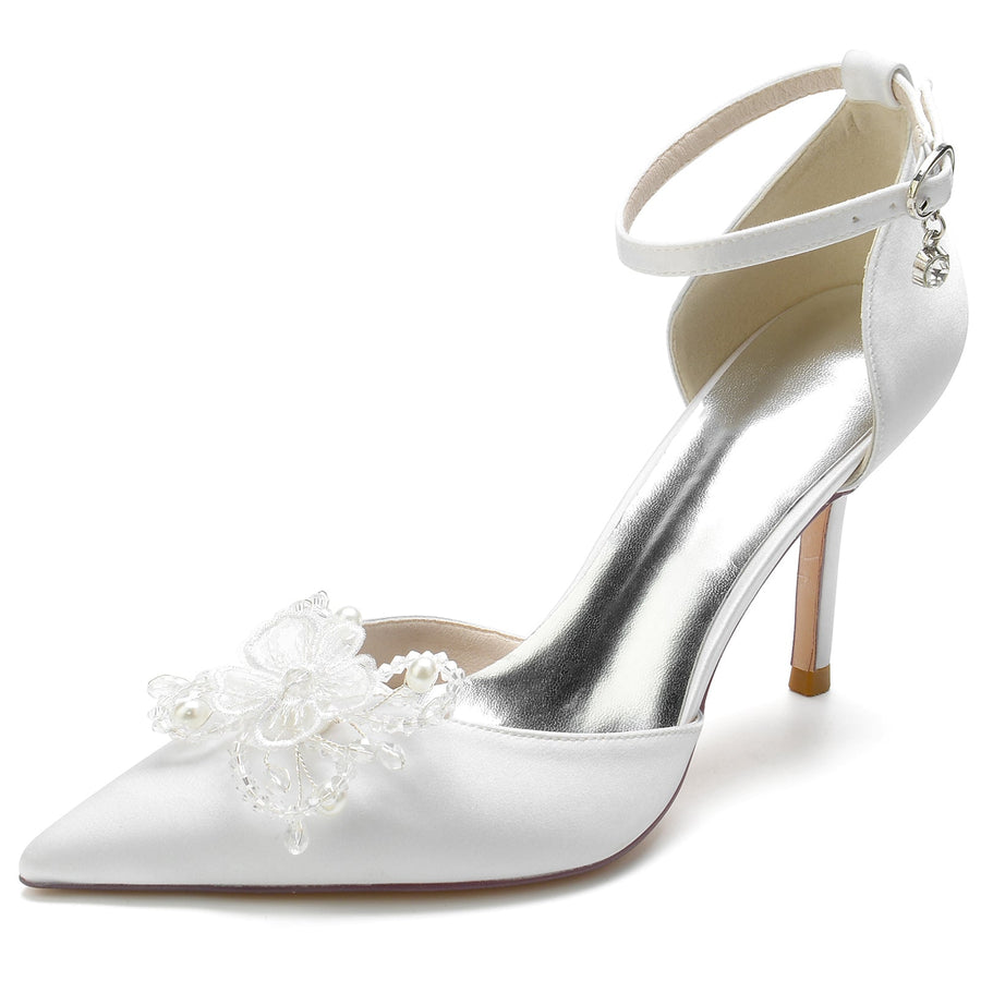 Damen Seidensatin Knöchelriemen Schleife Geschlossene Zehen Stilettoabsatz Hochzeitsschuhe