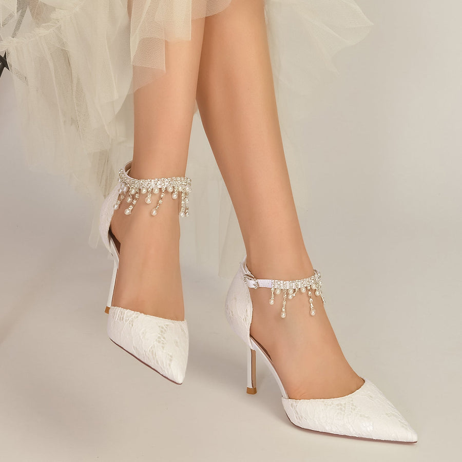 Damen Spitze Mit Knöchelriemen Spitze Quaste Geschlossene Zehen Stiletto Absatz Brautschuhe