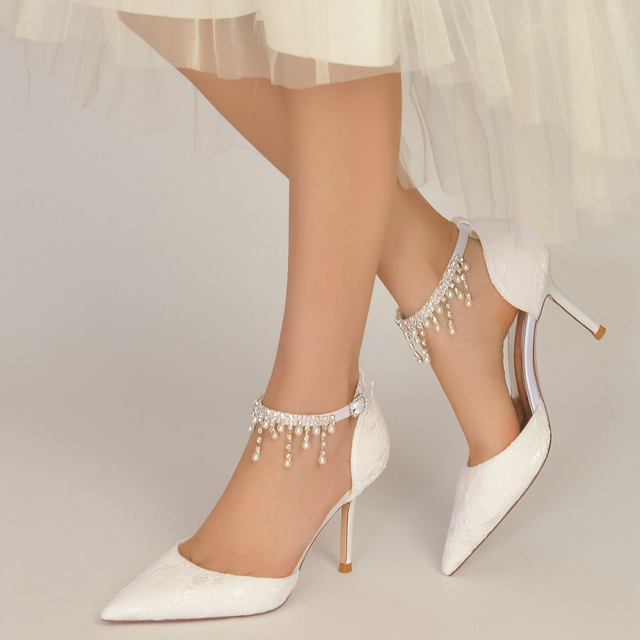 Damen Spitze Mit Knöchelriemen Spitze Quaste Geschlossene Zehen Stiletto Absatz Brautschuhe