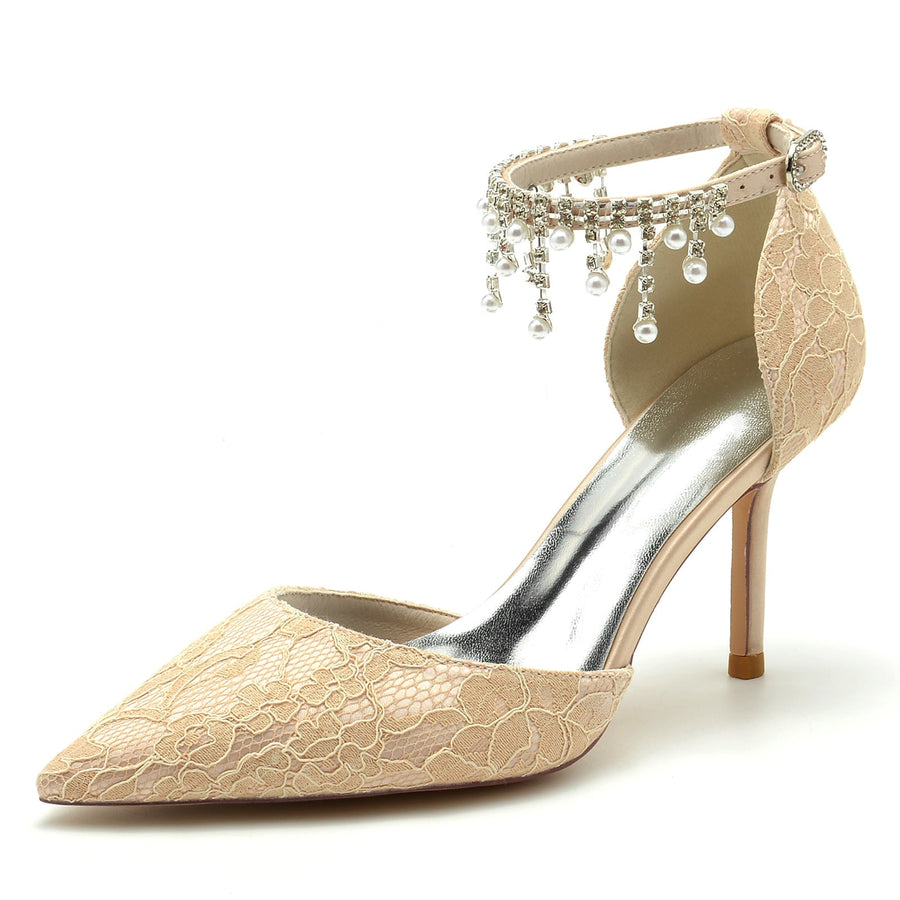 Damen Spitze Mit Knöchelriemen Spitze Quaste Geschlossene Zehen Stiletto Absatz Brautschuhe