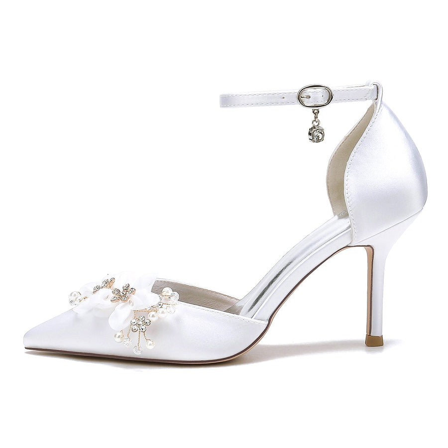 Damen Seidensatin mit Blumen Knöchelriemen Geschlossene Zehen Stilettoabsatz Abendschuhe
