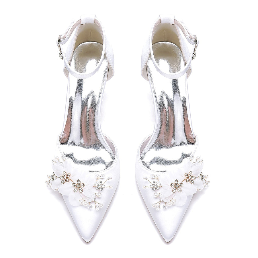 Damen Seidensatin mit Blumen Knöchelriemen Geschlossene Zehen Stilettoabsatz Abendschuhe