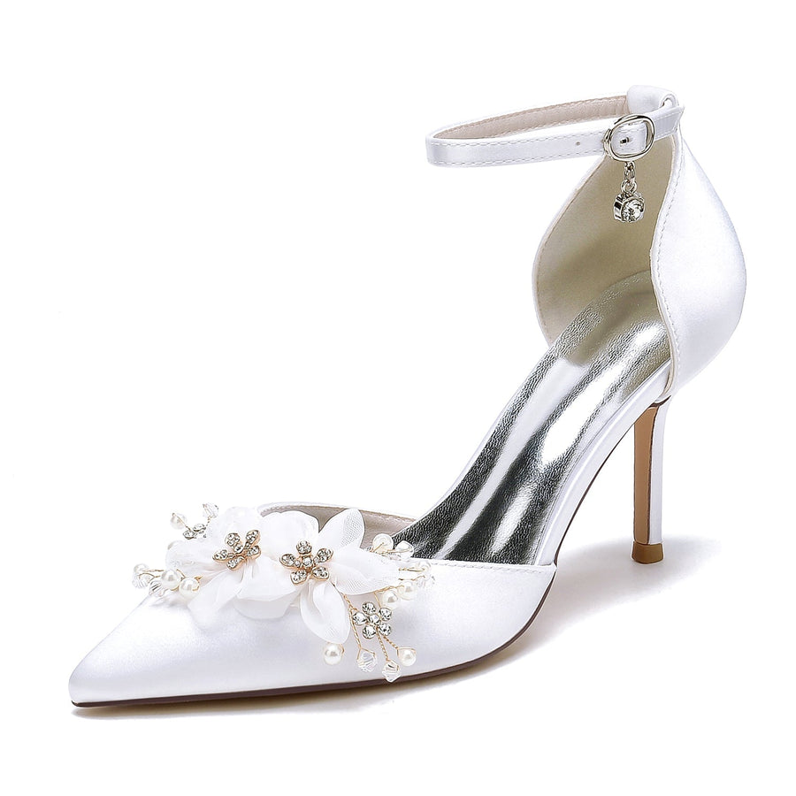 Damen Seidensatin mit Blumen Knöchelriemen Geschlossene Zehen Stilettoabsatz Abendschuhe