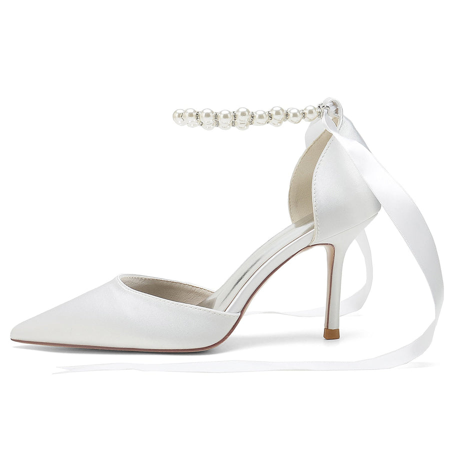 Damen Seidensatin mit Schnürung Knöchelriemen Perle Geschlossene Zehen Stiletto Absatz Brautschuhe