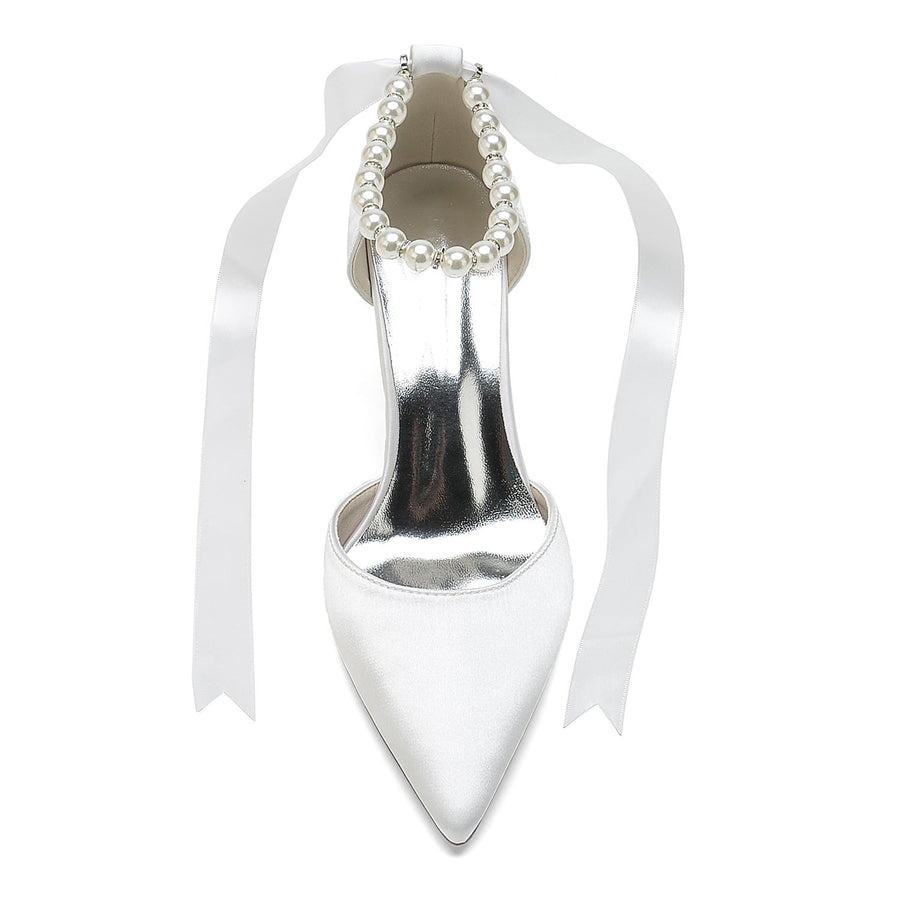 Damen Seidensatin mit Schnürung Knöchelriemen Perle Geschlossene Zehen Stiletto Absatz Brautschuhe
