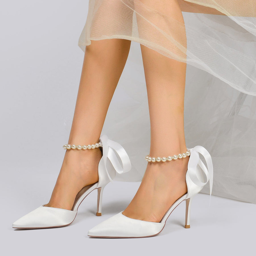 Damen Seidensatin mit Schnürung Knöchelriemen Perle Geschlossene Zehen Stiletto Absatz Brautschuhe