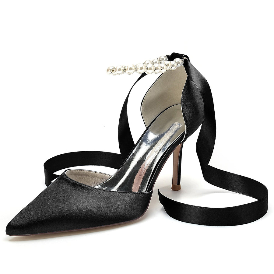 Damen Seidensatin mit Schnürung Knöchelriemen Perle Geschlossene Zehen Stiletto Absatz Brautschuhe