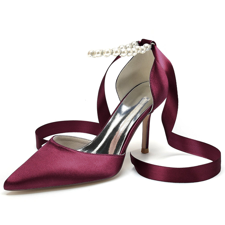 Damen Seidensatin mit Schnürung Knöchelriemen Perle Geschlossene Zehen Stiletto Absatz Brautschuhe