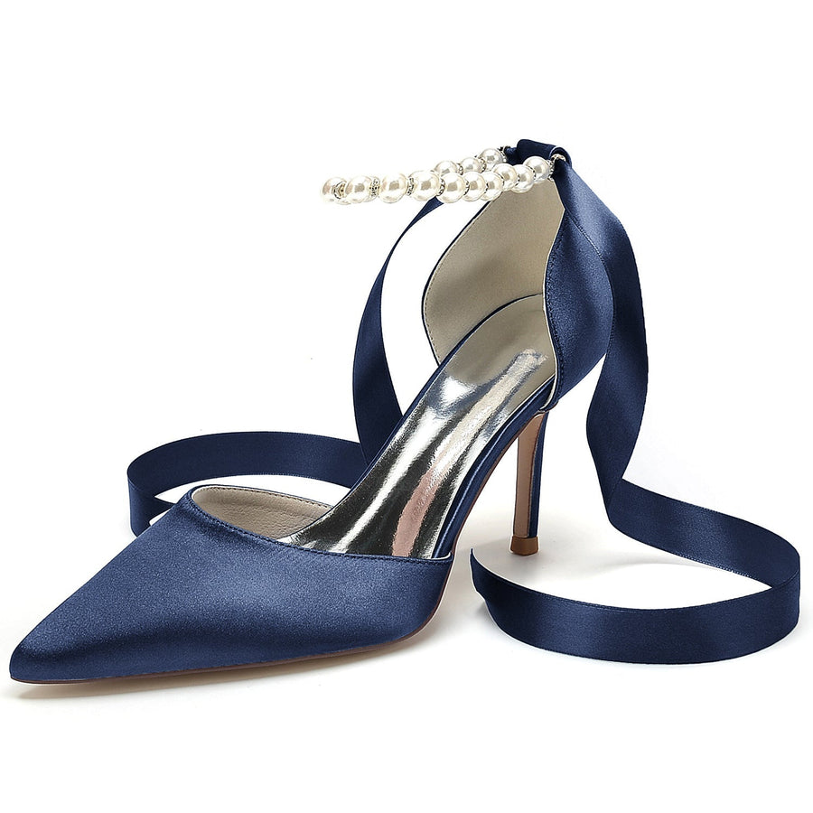 Damen Seidensatin mit Schnürung Knöchelriemen Perle Geschlossene Zehen Stiletto Absatz Brautschuhe