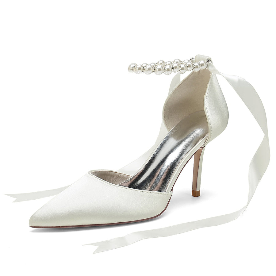 Damen Seidensatin mit Schnürung Knöchelriemen Perle Geschlossene Zehen Stiletto Absatz Brautschuhe