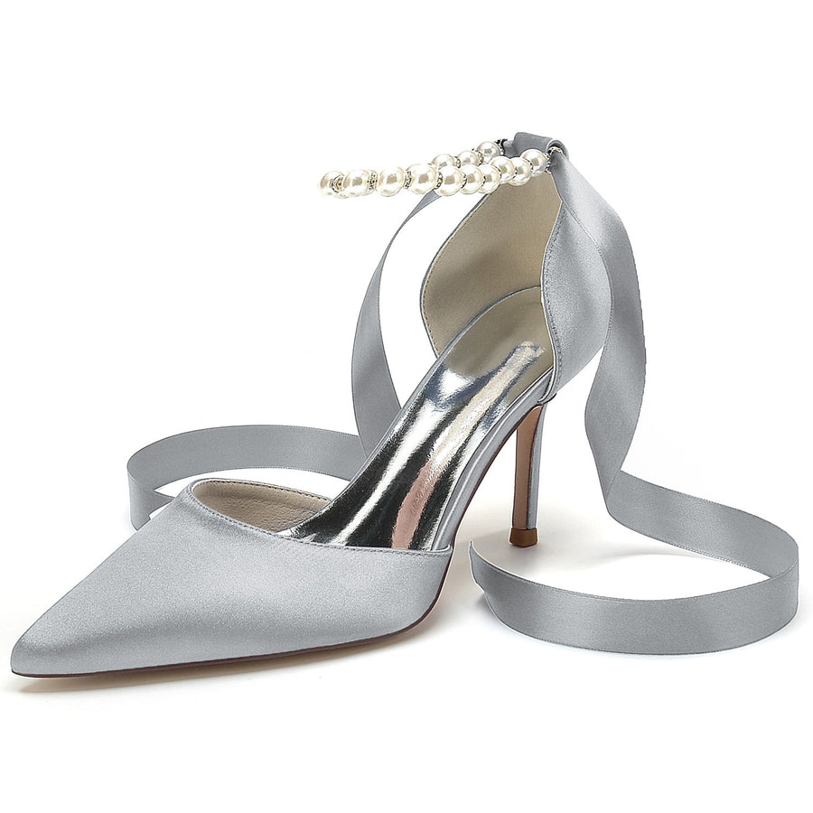 Damen Seidensatin mit Schnürung Knöchelriemen Perle Geschlossene Zehen Stiletto Absatz Brautschuhe