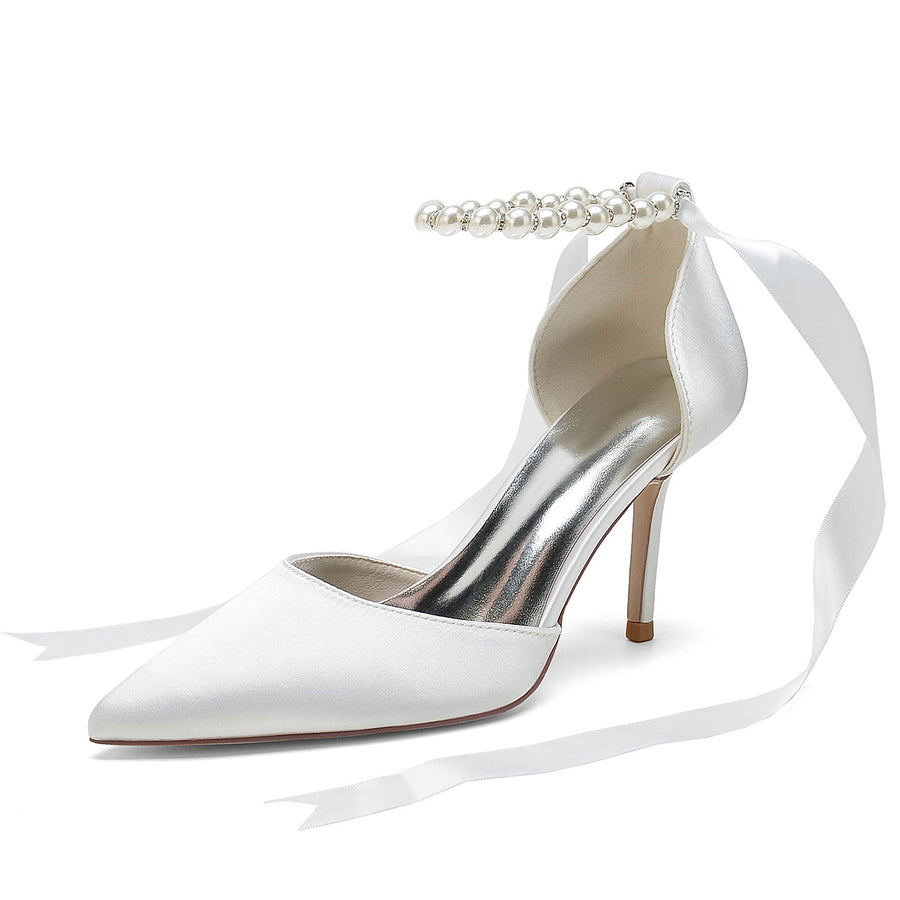 Damen Seidensatin mit Schnürung Knöchelriemen Perle Geschlossene Zehen Stiletto Absatz Brautschuhe