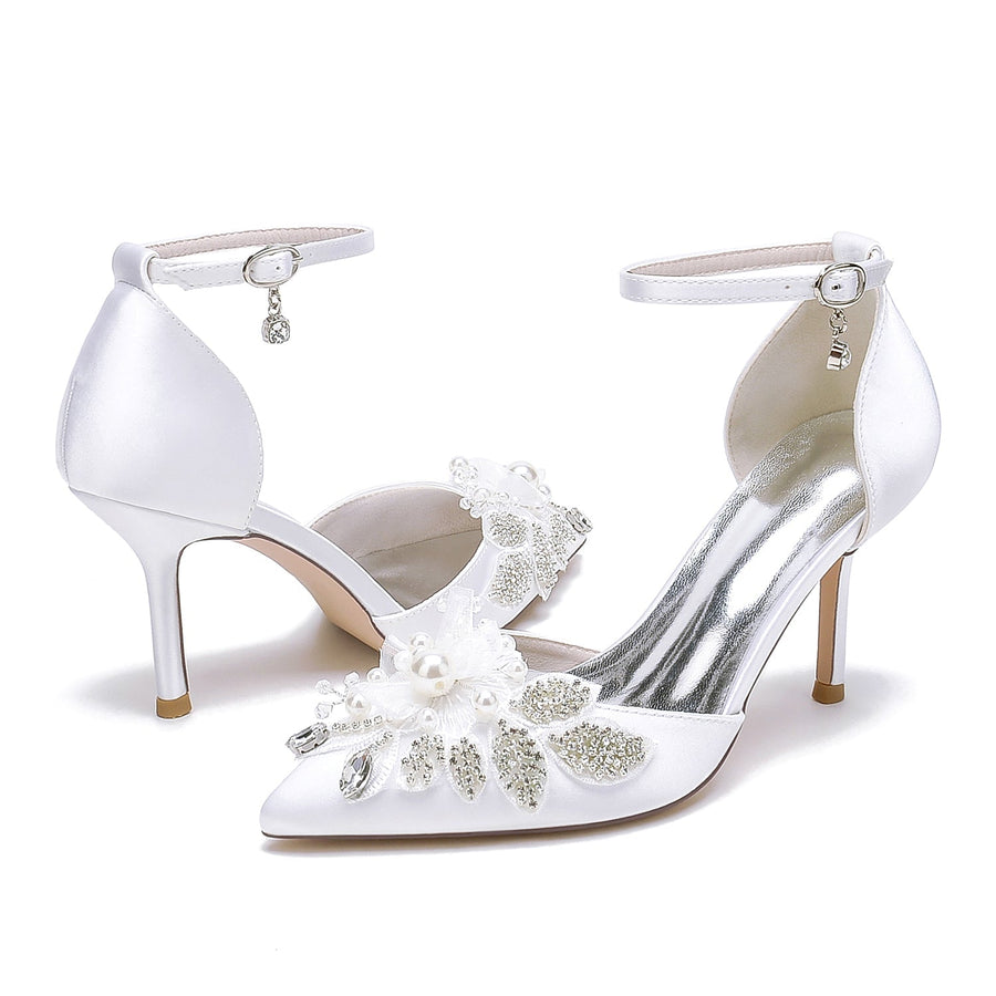 Damen Seidensatin mit Knöchelriemen Blume Strass Geschlossene Zehen Stiletto Absatz Brautschuhe