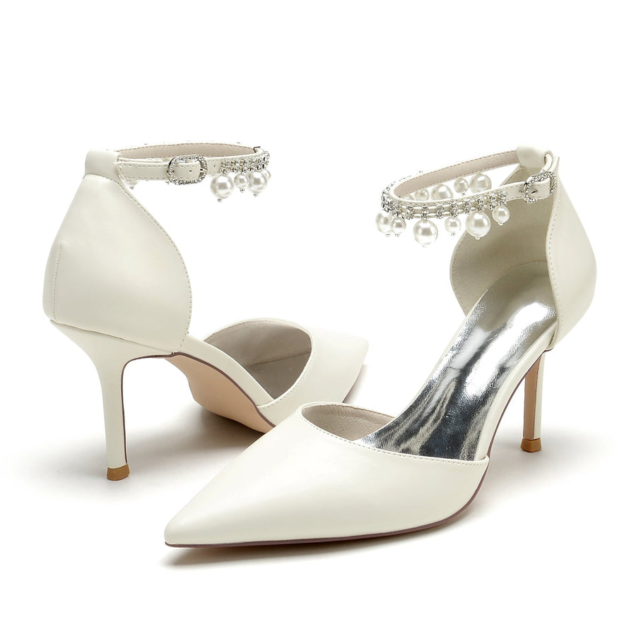 Damen PU mit Knöchelriemen Perlen Quaste Geschlossene Zehe Stiletto Absatz Hochzeitsschuhe