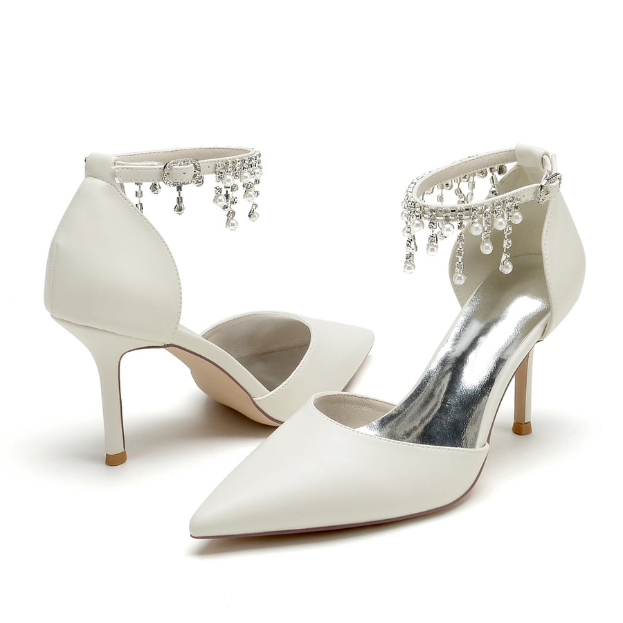 Damen PU mit Knöchelriemen Perle Strass Quaste Geschlossene Zehen Stiletto Absatz Abendschuhe