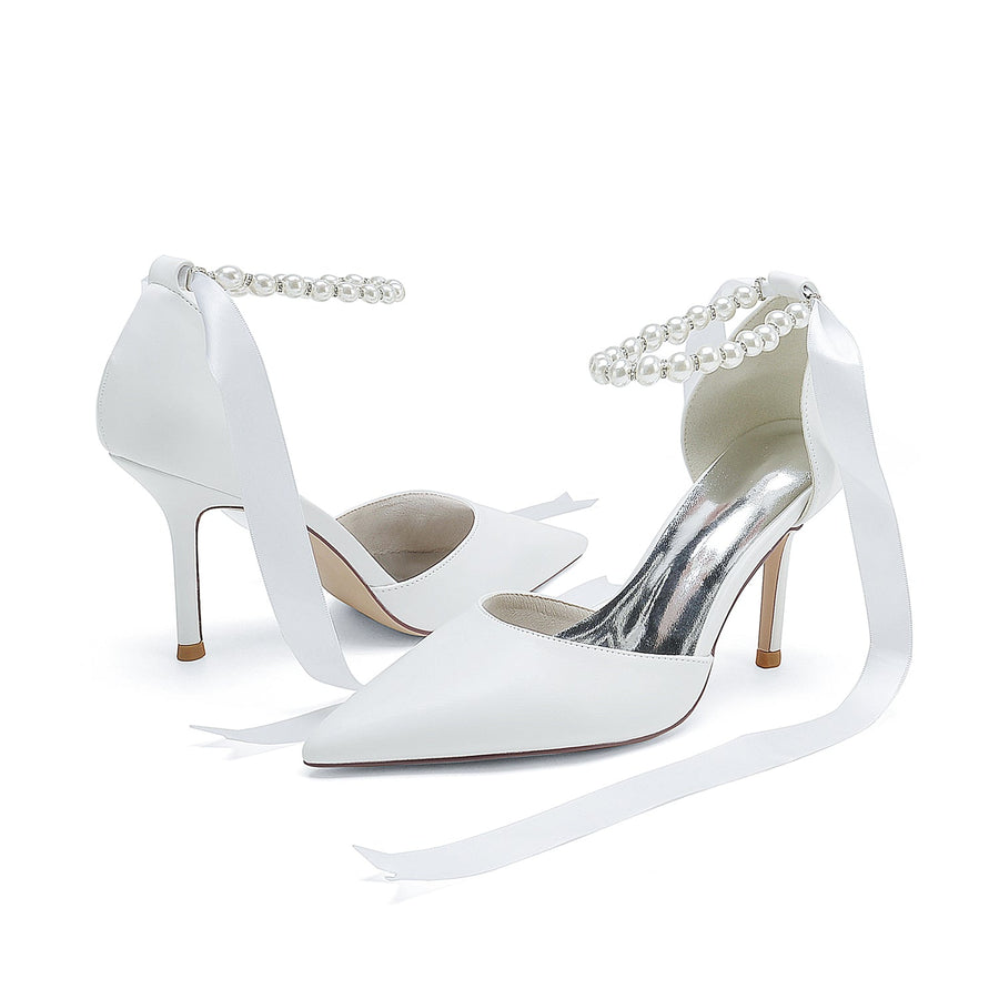 Damen PU mit Knöchelriemen Perle Geschlossene Zehen Stiletto-Absatz Abendschuhe