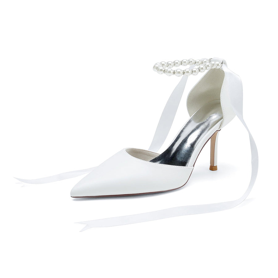 Damen PU mit Knöchelriemen Perle Geschlossene Zehen Stiletto-Absatz Abendschuhe