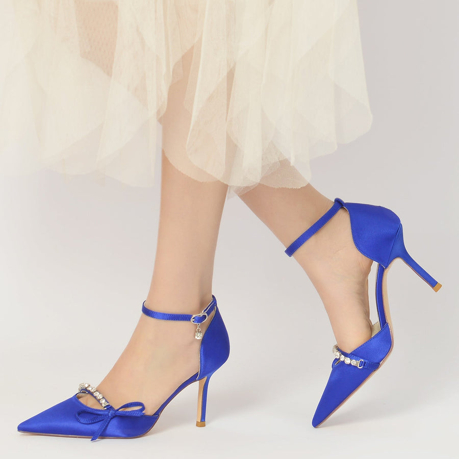 Damen Abendschuhe aus Seidensatin mit Knöchelriemen und Schleife und Strasssteinen, geschlossene Zehenpartie, Stilettoabsatz