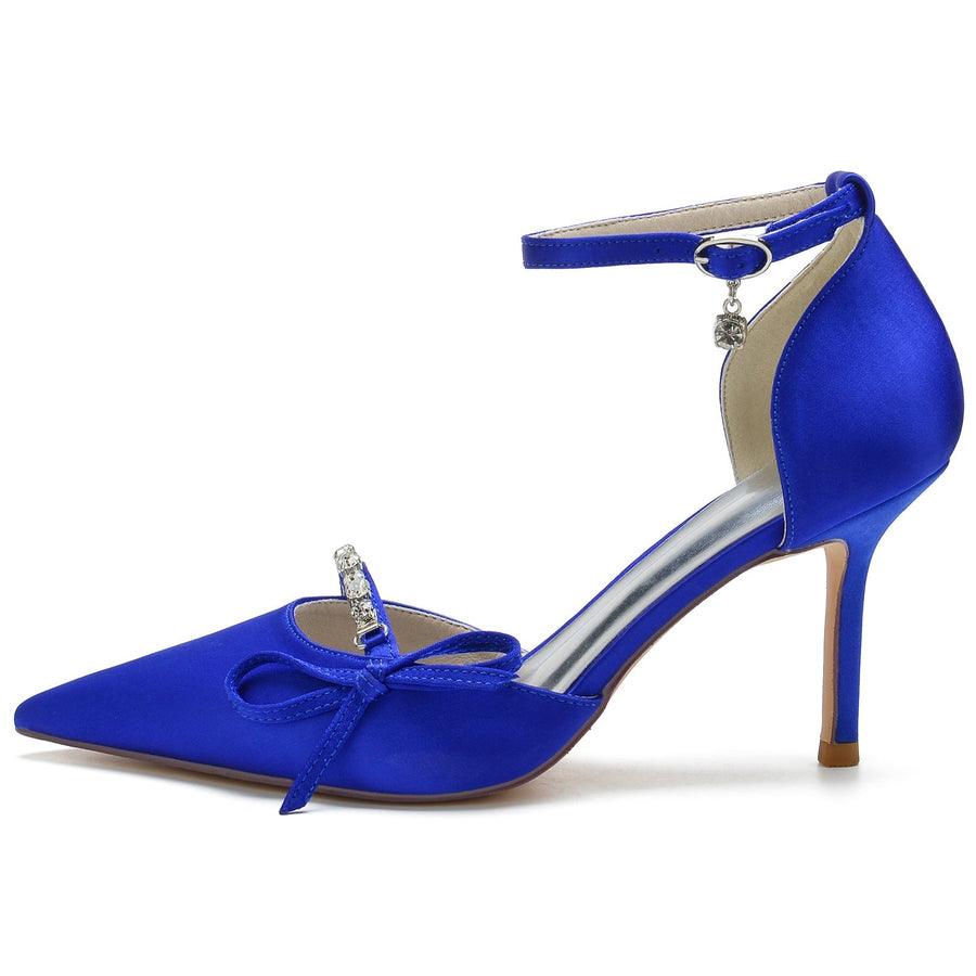 Damen Abendschuhe aus Seidensatin mit Knöchelriemen und Schleife und Strasssteinen, geschlossene Zehenpartie, Stilettoabsatz