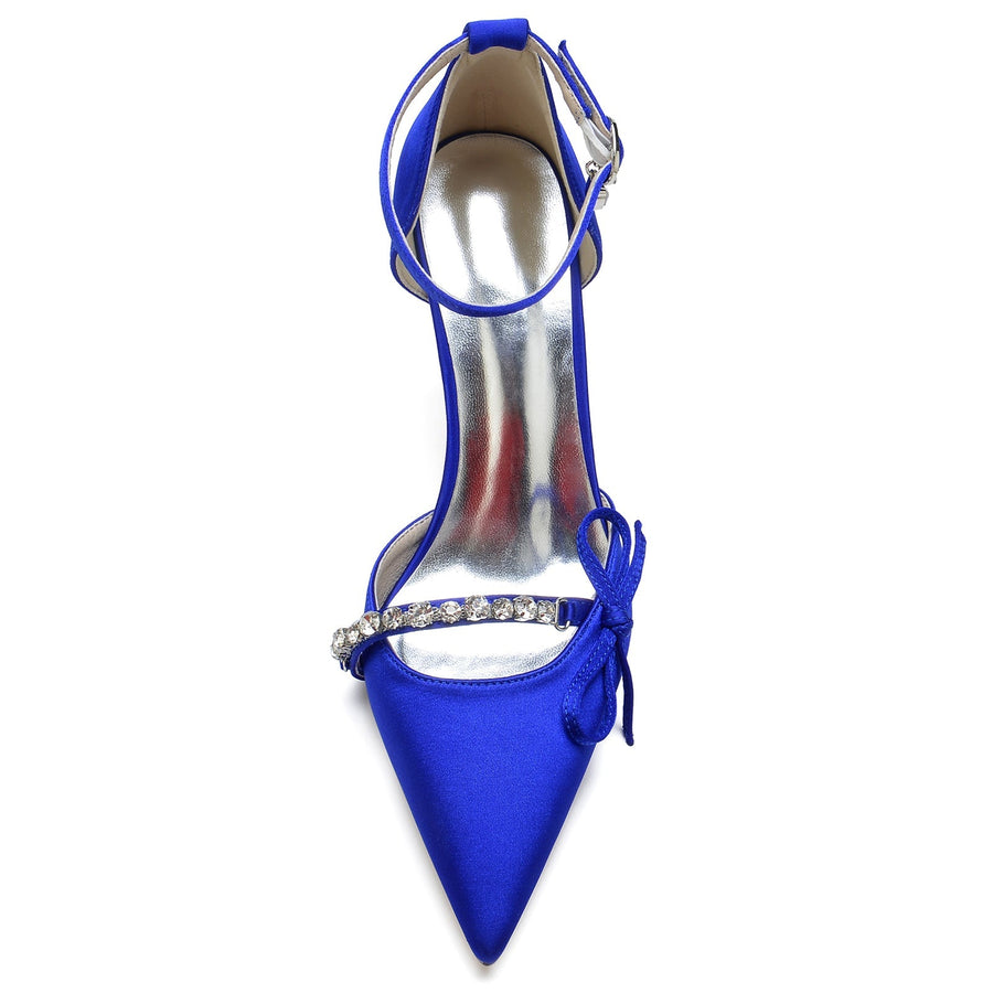 Damen Abendschuhe aus Seidensatin mit Knöchelriemen und Schleife und Strasssteinen, geschlossene Zehenpartie, Stilettoabsatz