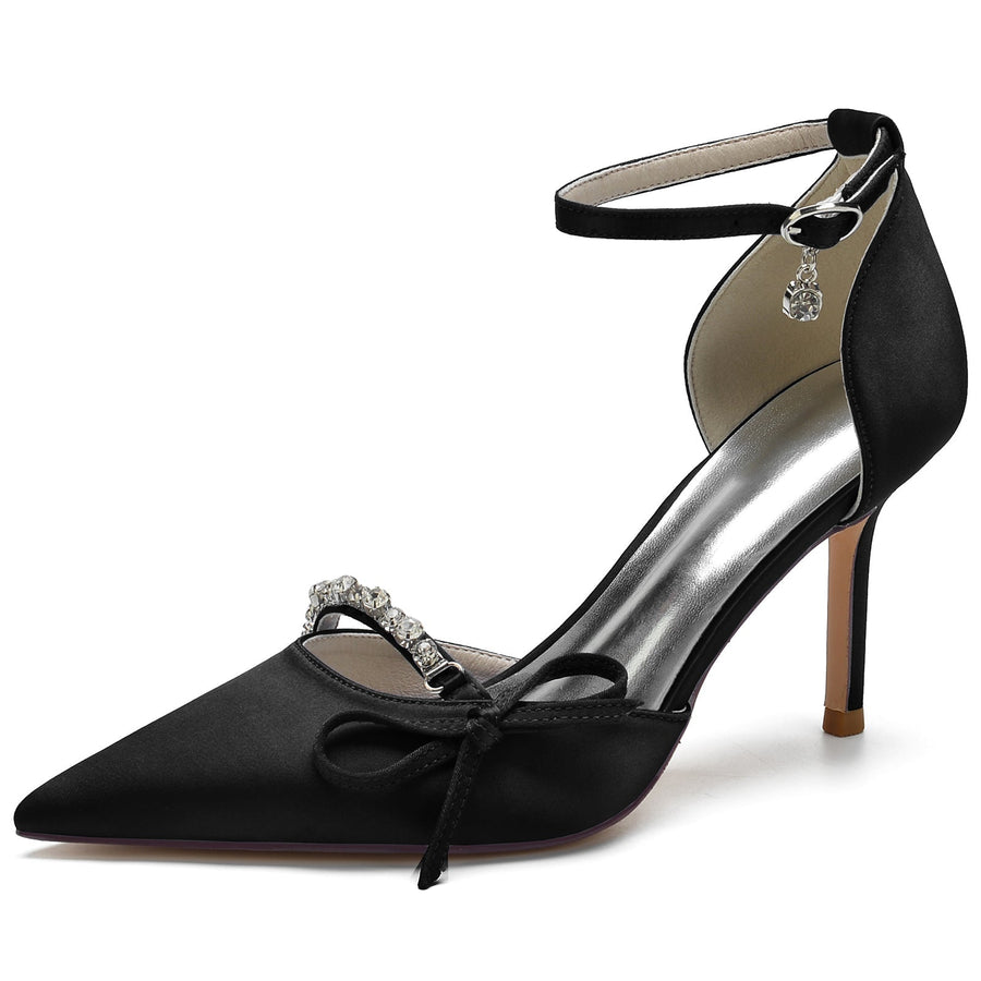 Damen Abendschuhe aus Seidensatin mit Knöchelriemen und Schleife und Strasssteinen, geschlossene Zehenpartie, Stilettoabsatz