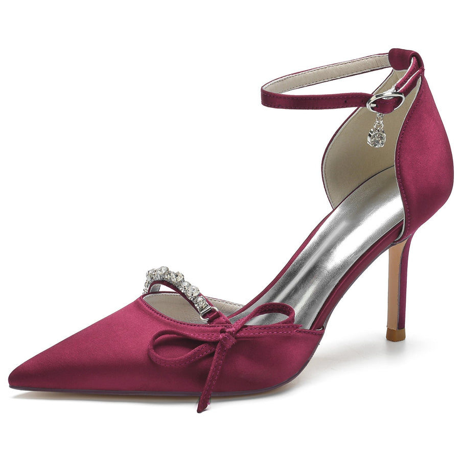 Damen Abendschuhe aus Seidensatin mit Knöchelriemen und Schleife und Strasssteinen, geschlossene Zehenpartie, Stilettoabsatz