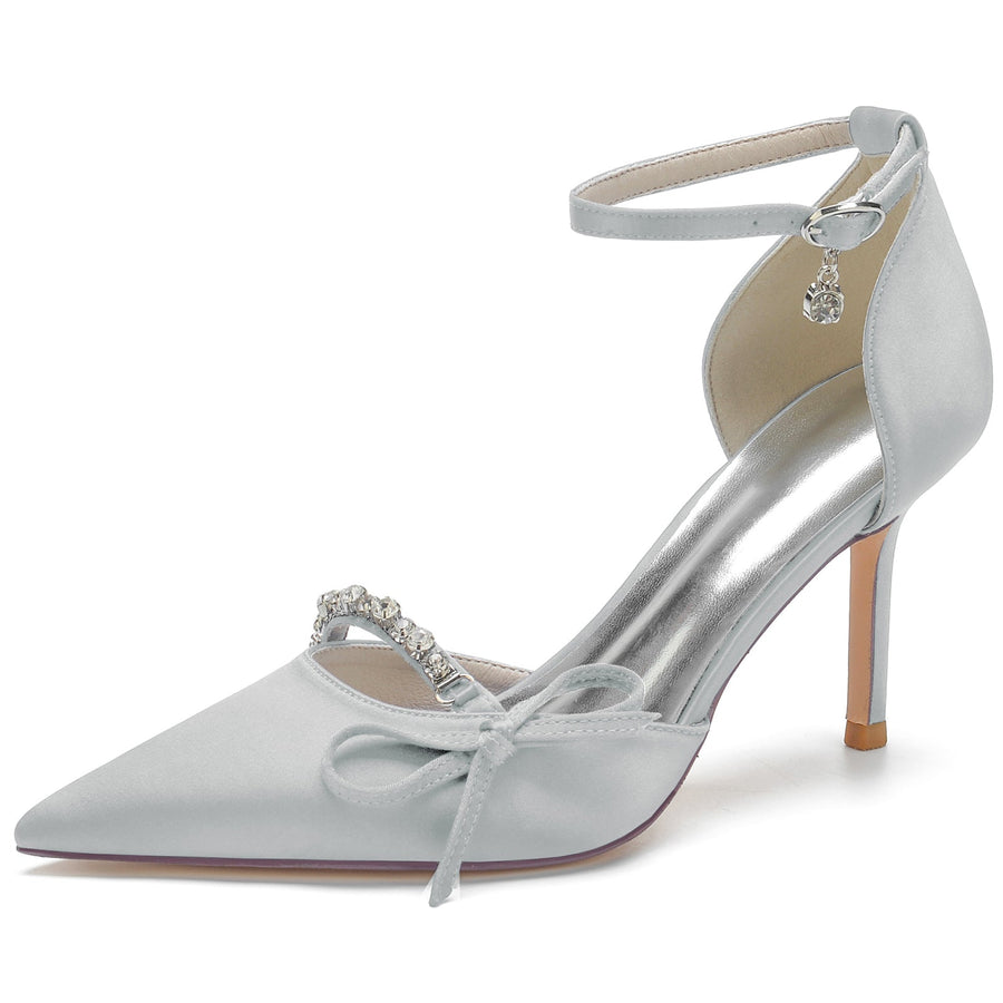 Damen Abendschuhe aus Seidensatin mit Knöchelriemen und Schleife und Strasssteinen, geschlossene Zehenpartie, Stilettoabsatz
