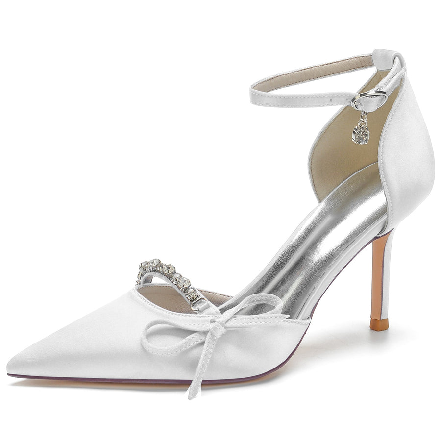 Damen Abendschuhe aus Seidensatin mit Knöchelriemen und Schleife und Strasssteinen, geschlossene Zehenpartie, Stilettoabsatz