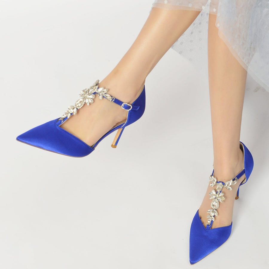 Damen Knöchelriemen Strass Geschlossene Zehen Seidensatin Mit Stilettoabsatz Partyschuhe