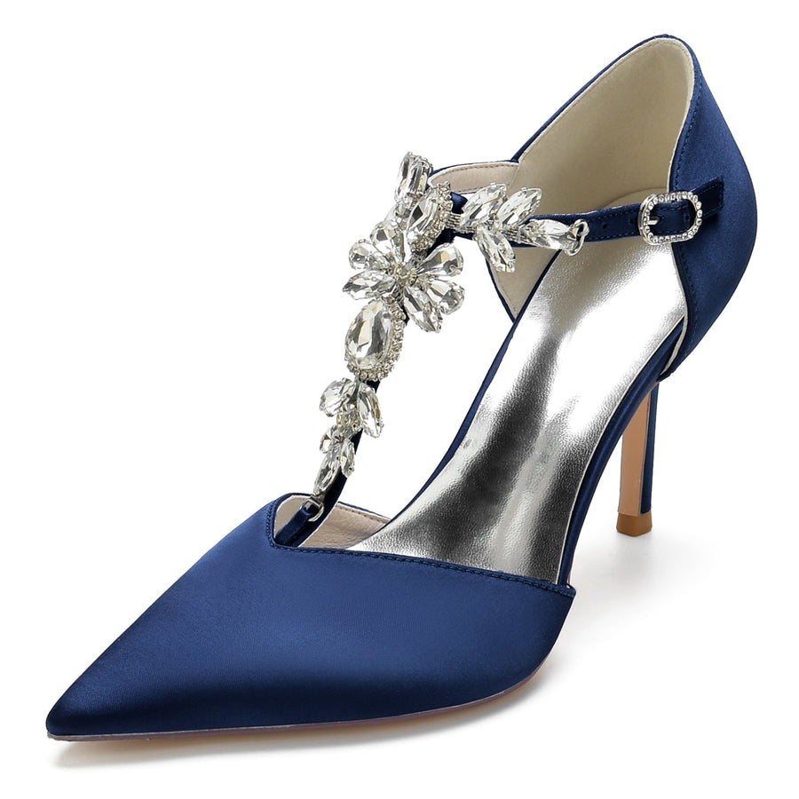 Damen Knöchelriemen Strass Geschlossene Zehen Seidensatin Mit Stilettoabsatz Partyschuhe