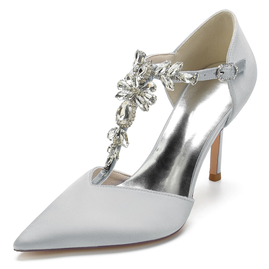 Damen Knöchelriemen Strass Geschlossene Zehen Seidensatin Mit Stilettoabsatz Partyschuhe