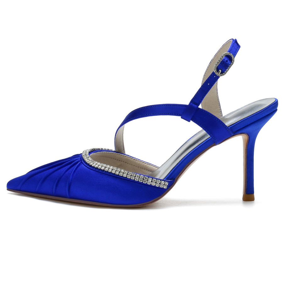Damen Abendschuhe mit Knöchelriemen, Seidensatin, Strass, geschlossene Zehenpartie, Stilettoabsatz