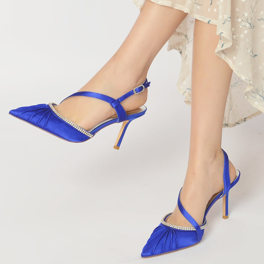Damen Abendschuhe mit Knöchelriemen, Seidensatin, Strass, geschlossene Zehenpartie, Stilettoabsatz