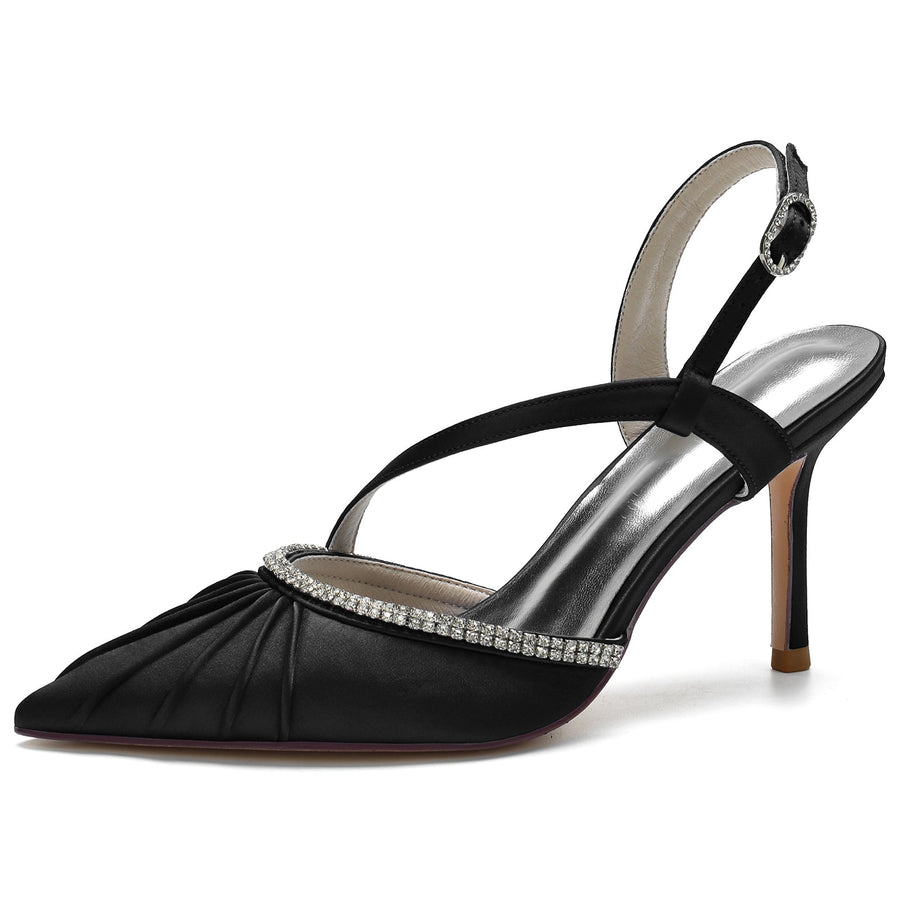 Damen Abendschuhe mit Knöchelriemen, Seidensatin, Strass, geschlossene Zehenpartie, Stilettoabsatz